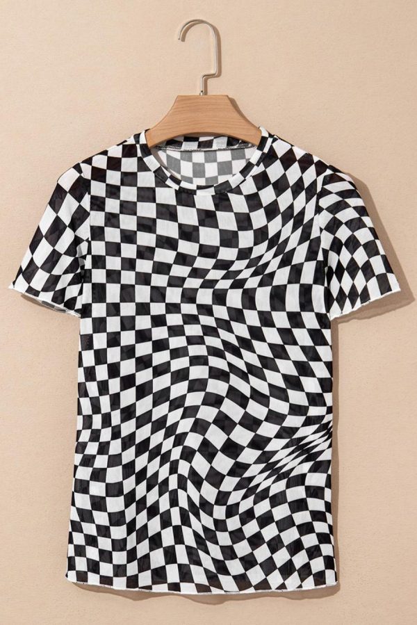 T Shirts | Black Checker Mesh Crew Neck T Shirt - Women