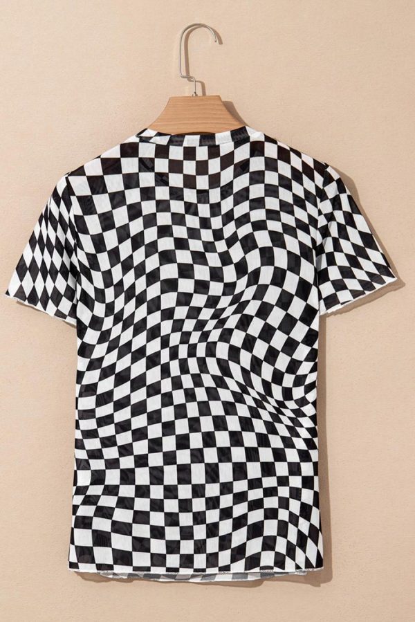 T Shirts | Black Checker Mesh Crew Neck T Shirt - Women - Image 2