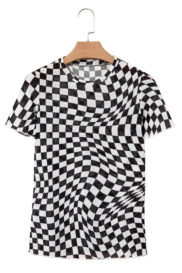T Shirts | Black Checker Mesh Crew Neck T Shirt - Women - Image 7