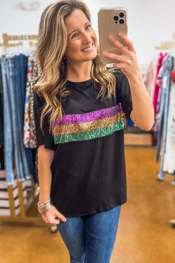 T Shirts | Black Colorblock Sequin Mardi Gras Crewneck T Shirt - Women