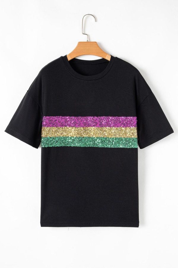 T Shirts | Black Colorblock Sequin Mardi Gras Crewneck T Shirt - Women - Image 2