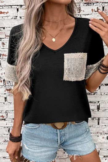 T Shirts | Black Sequin Pocket Patchwork Sleeve V Neck T Shirt - Women