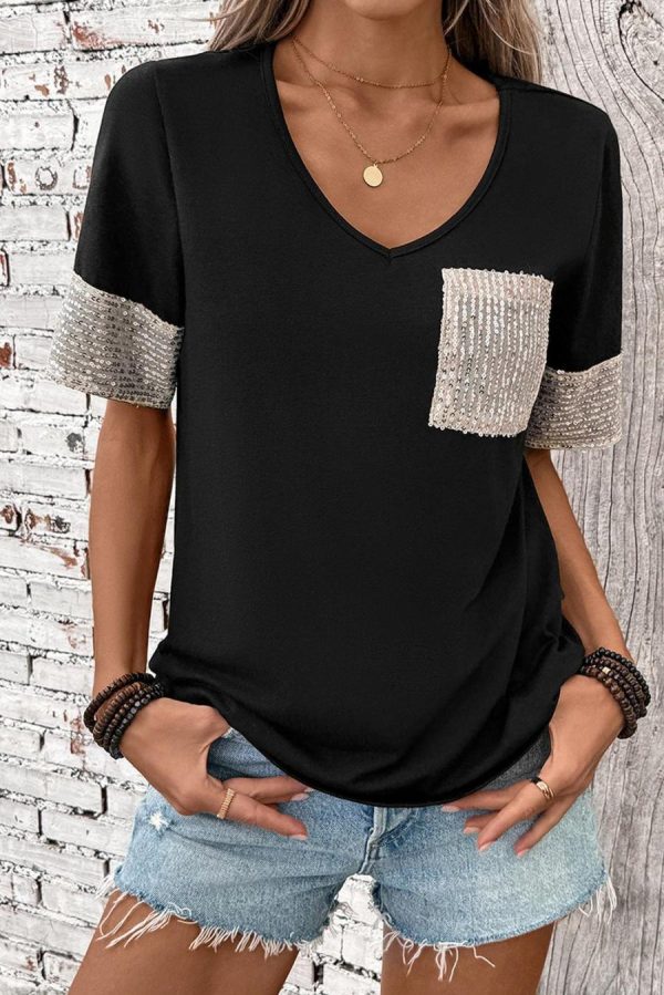 T Shirts | Black Sequin Pocket Patchwork Sleeve V Neck T Shirt - Women - Image 2