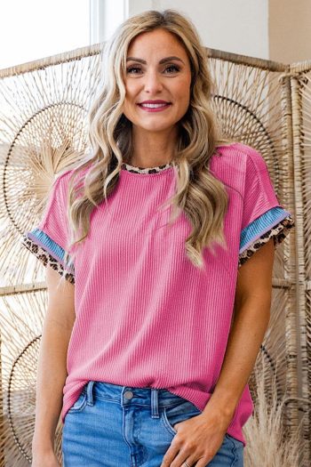 T Shirts | Bonbon Leopard Patchwork Corded Crew Neck T Shirt - Women