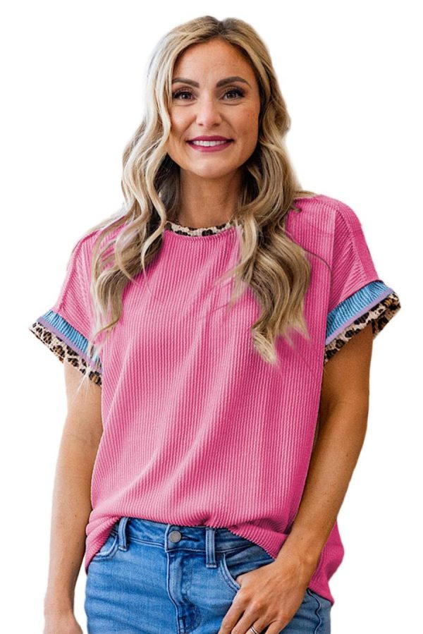T Shirts | Bonbon Leopard Patchwork Corded Crew Neck T Shirt - Women - Image 2