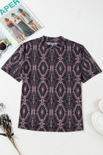 T Shirts | Brown Geometric Print Mock Neck Short Sleeve Mesh T Shirt - Women