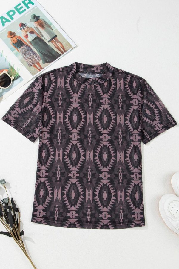 T Shirts | Brown Geometric Print Mock Neck Short Sleeve Mesh T Shirt - Women