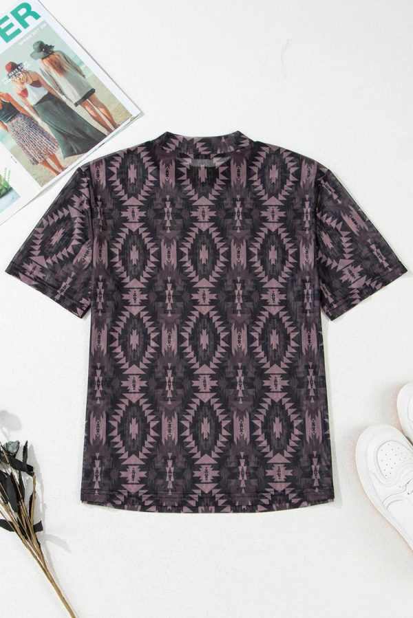 T Shirts | Brown Geometric Print Mock Neck Short Sleeve Mesh T Shirt - Women - Image 2