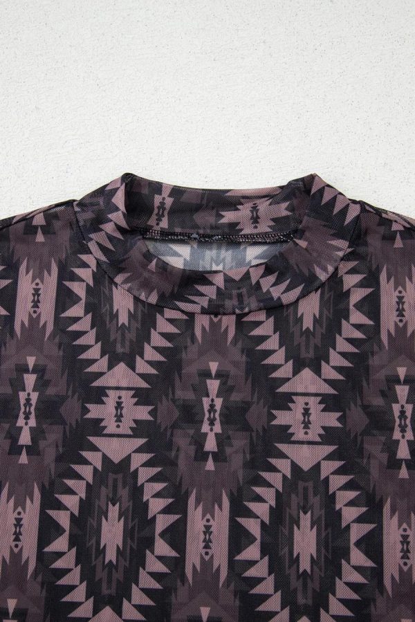 T Shirts | Brown Geometric Print Mock Neck Short Sleeve Mesh T Shirt - Women - Image 3