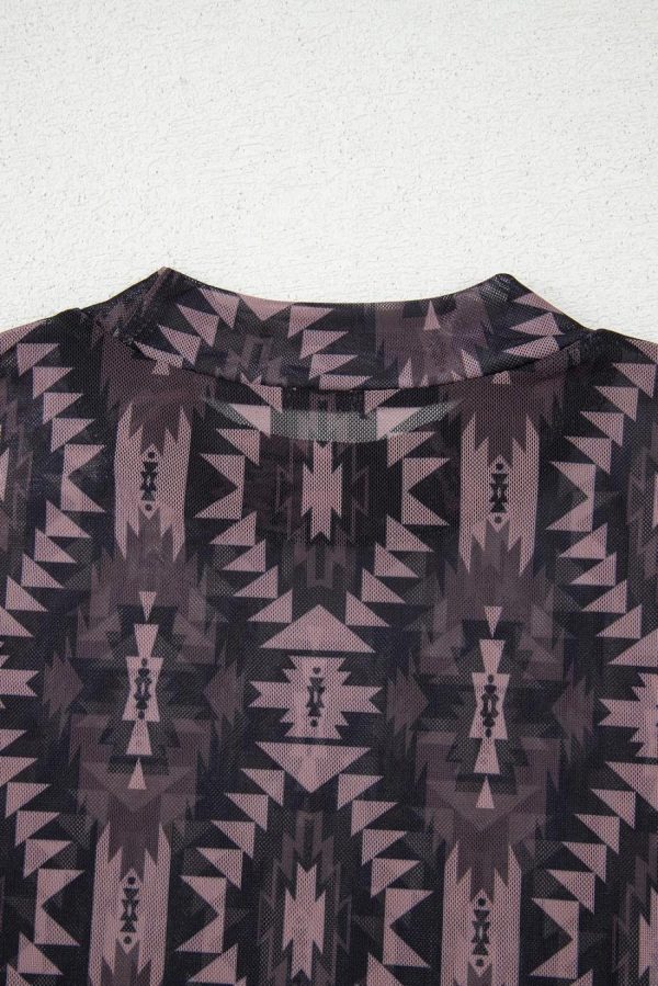 T Shirts | Brown Geometric Print Mock Neck Short Sleeve Mesh T Shirt - Women - Image 4