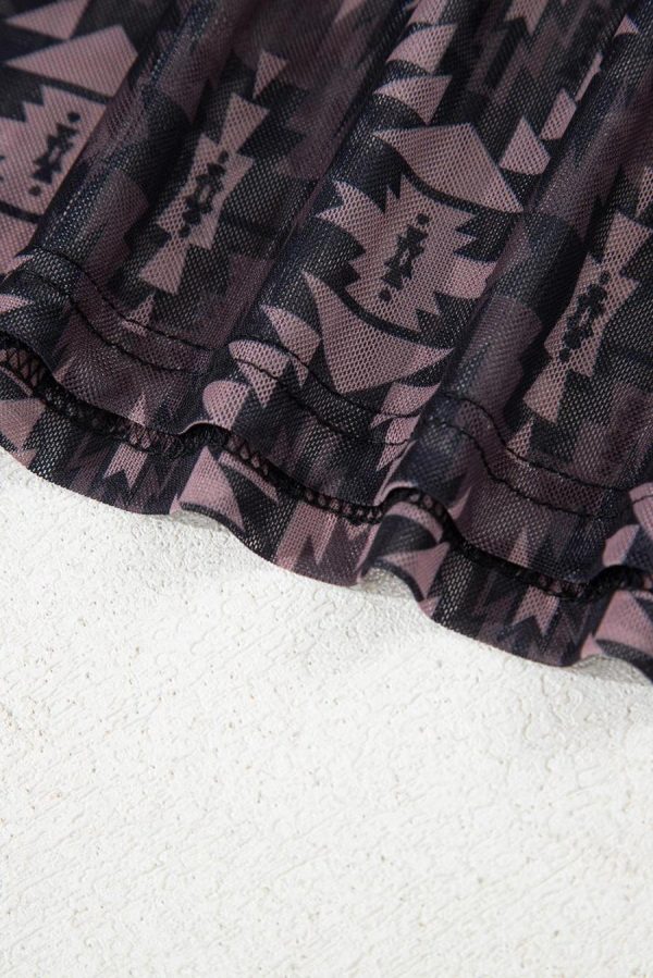 T Shirts | Brown Geometric Print Mock Neck Short Sleeve Mesh T Shirt - Women - Image 6