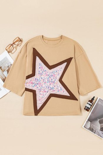 T Shirts | Camel Floral Star Patched 3/4 Sleeve T Shirt - Women