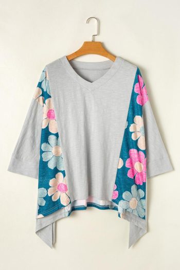 T Shirts | Green Patchwork 60S Floral V Neck Bracelet Sleeve Oversized Top - Women