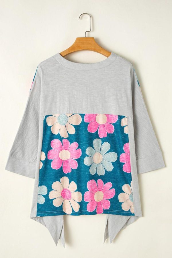 T Shirts | Green Patchwork 60S Floral V Neck Bracelet Sleeve Oversized Top - Women - Image 2