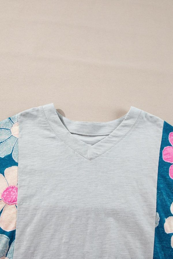 T Shirts | Green Patchwork 60S Floral V Neck Bracelet Sleeve Oversized Top - Women - Image 3