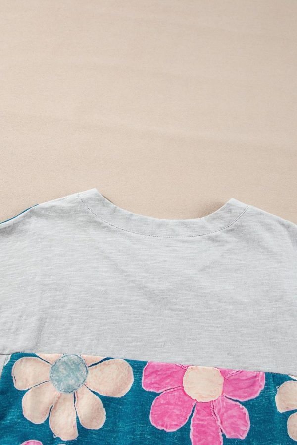 T Shirts | Green Patchwork 60S Floral V Neck Bracelet Sleeve Oversized Top - Women - Image 6