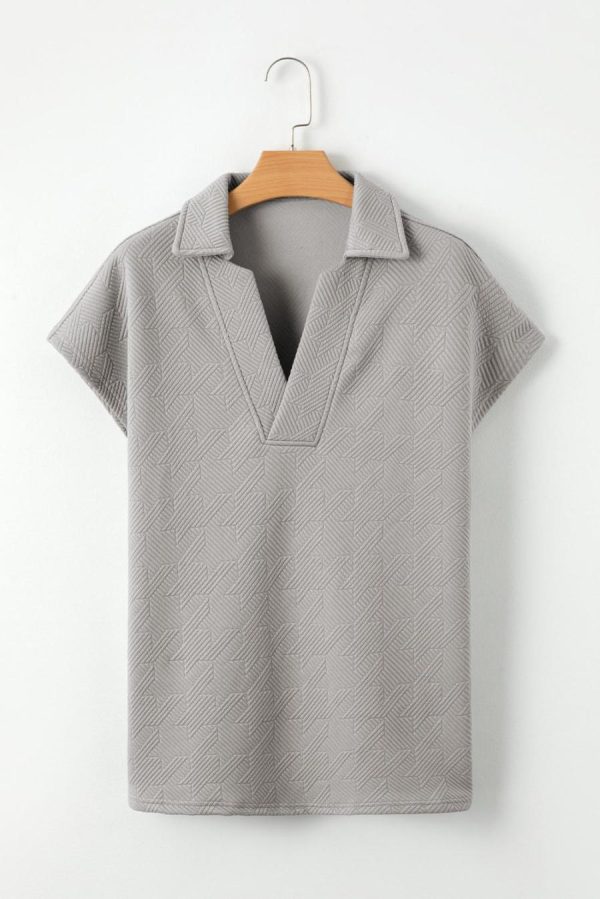 T Shirts | Light Grey Textured V Neck Collared Slit Hem T Shirt - Women - Image 5
