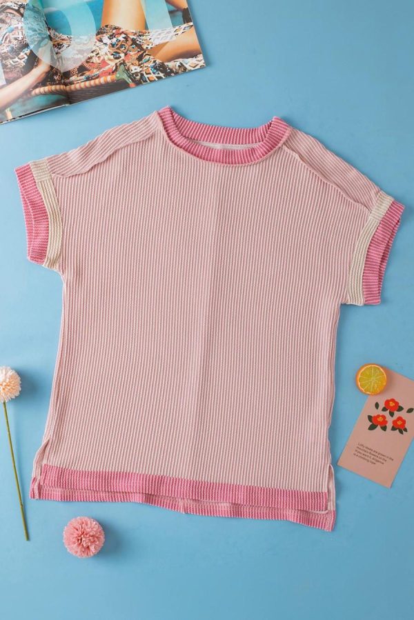 T Shirts | Light Pink Textured Colorblock Round Neck T Shirt - Women - Image 4