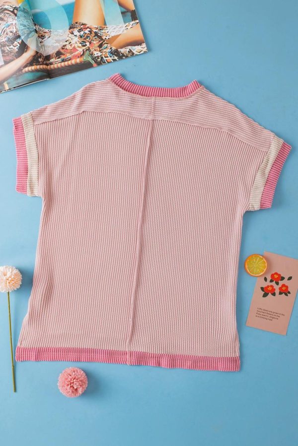T Shirts | Light Pink Textured Colorblock Round Neck T Shirt - Women - Image 5