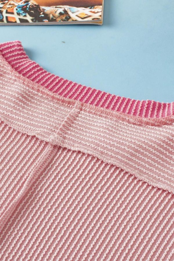 T Shirts | Light Pink Textured Colorblock Round Neck T Shirt - Women - Image 6