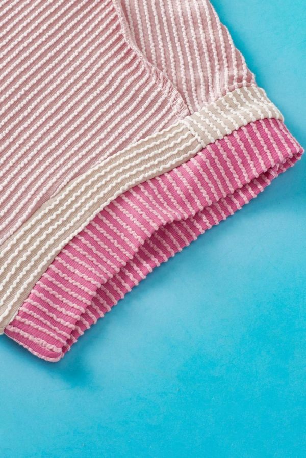 T Shirts | Light Pink Textured Colorblock Round Neck T Shirt - Women - Image 7