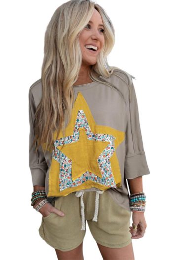 T Shirts | Medium Grey Floral Star Patched Exposed Seam Top - Women