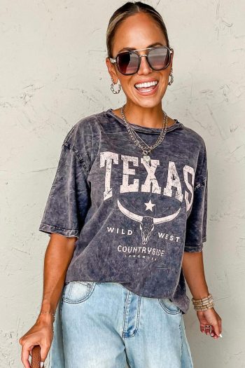 T Shirts | Medium Grey Texas Steer Head Graphic Mineral Wash Oversized T Shirt - Women