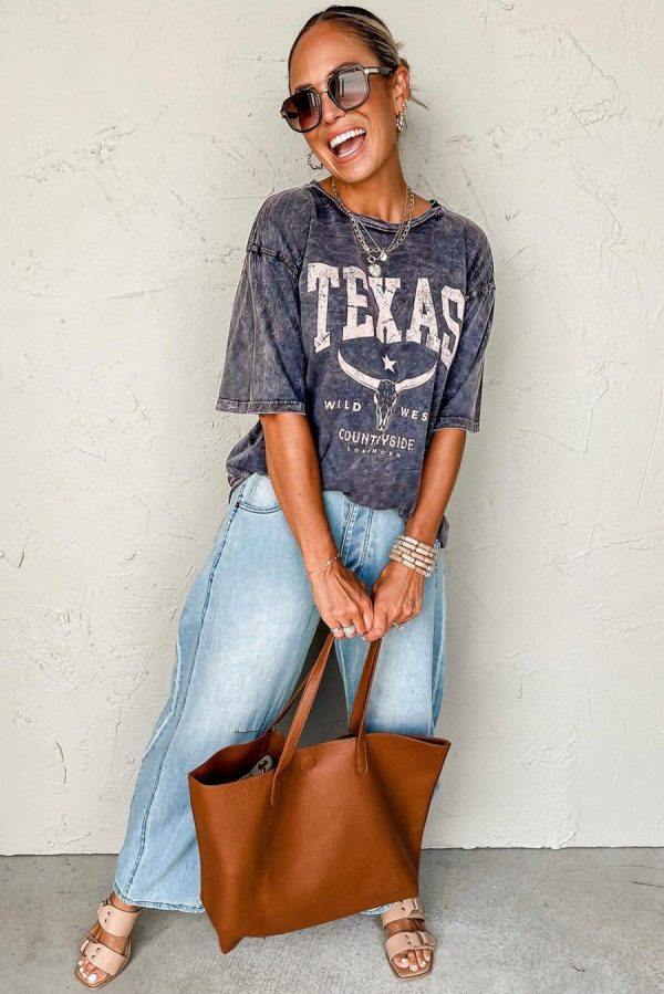T Shirts | Medium Grey Texas Steer Head Graphic Mineral Wash Oversized T Shirt - Women - Image 2