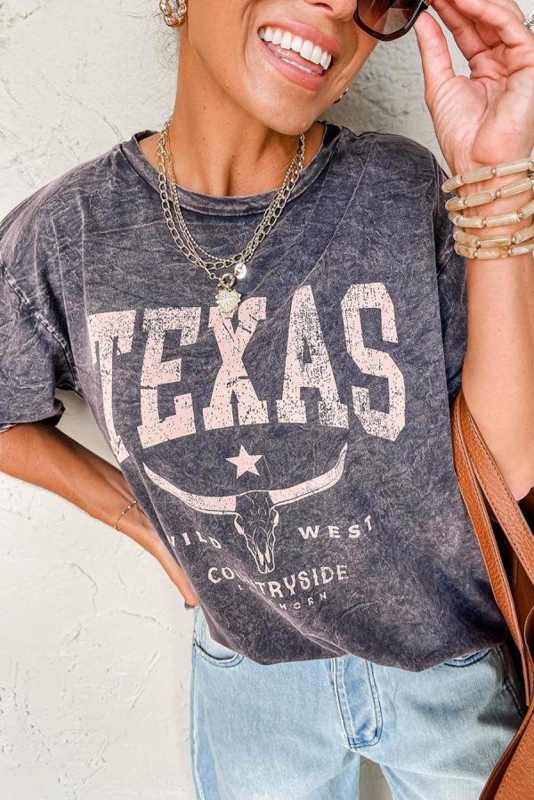 T Shirts | Medium Grey Texas Steer Head Graphic Mineral Wash Oversized T Shirt - Women - Image 3