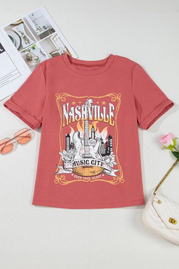 T Shirts | Mineral Red Nashville Music City Graphic Retro Fashion Tee - Women