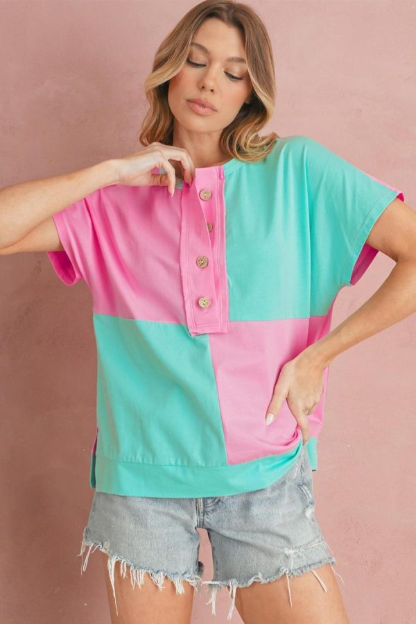 T Shirts | Mint Green Colorblock Half Buttons Henley T Shirt - Women - Image 2