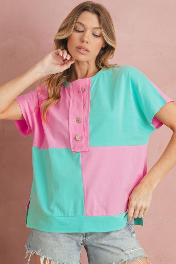 T Shirts | Mint Green Colorblock Half Buttons Henley T Shirt - Women - Image 3