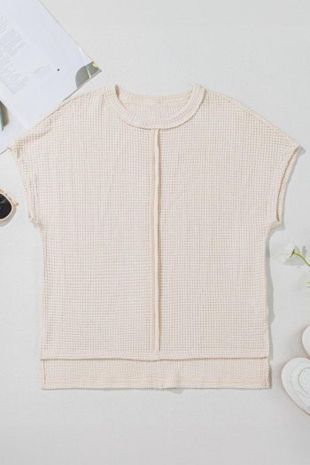 T Shirts | Pale Khaki Solid Color Waffle Seamed Short Sleeve Top - Women