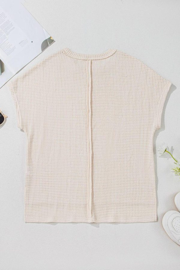 T Shirts | Pale Khaki Solid Color Waffle Seamed Short Sleeve Top - Women - Image 2