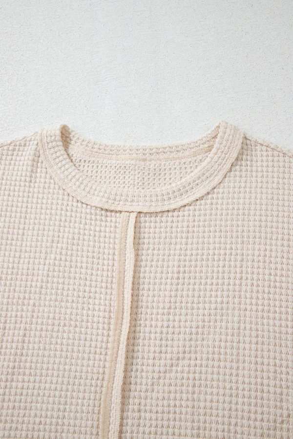 T Shirts | Pale Khaki Solid Color Waffle Seamed Short Sleeve Top - Women - Image 3
