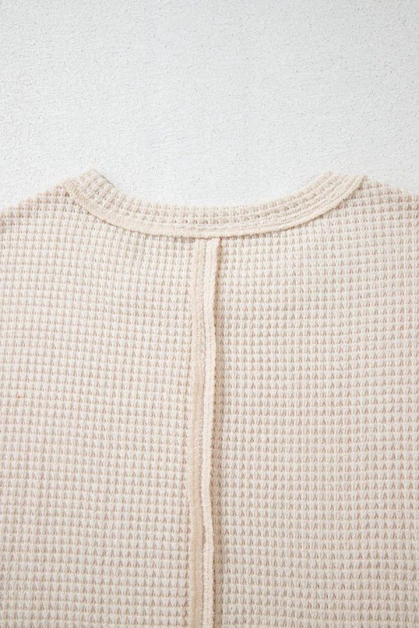 T Shirts | Pale Khaki Solid Color Waffle Seamed Short Sleeve Top - Women - Image 4