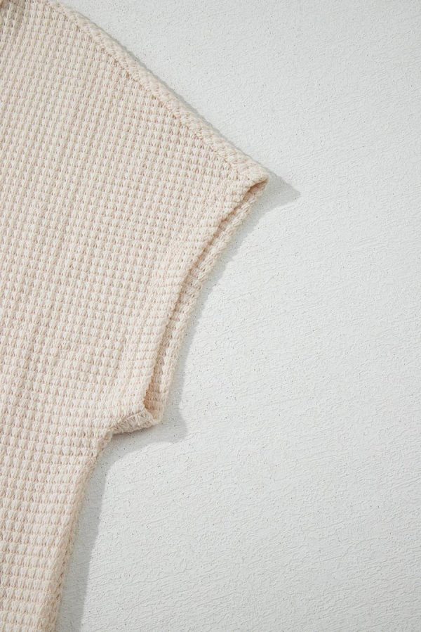 T Shirts | Pale Khaki Solid Color Waffle Seamed Short Sleeve Top - Women - Image 6