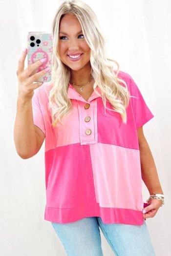T Shirts | Pink Colorblock Half Buttons Henley T Shirt - Women