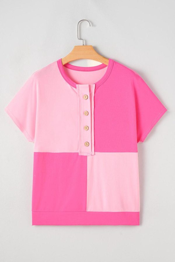 T Shirts | Pink Colorblock Half Buttons Henley T Shirt - Women - Image 2