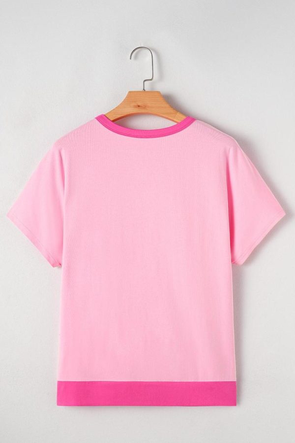 T Shirts | Pink Colorblock Half Buttons Henley T Shirt - Women - Image 3
