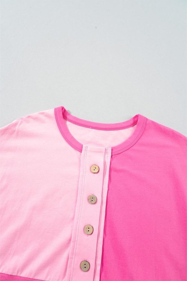 T Shirts | Pink Colorblock Half Buttons Henley T Shirt - Women - Image 4