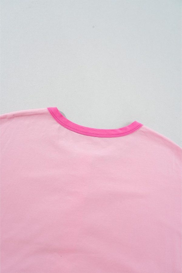 T Shirts | Pink Colorblock Half Buttons Henley T Shirt - Women - Image 6