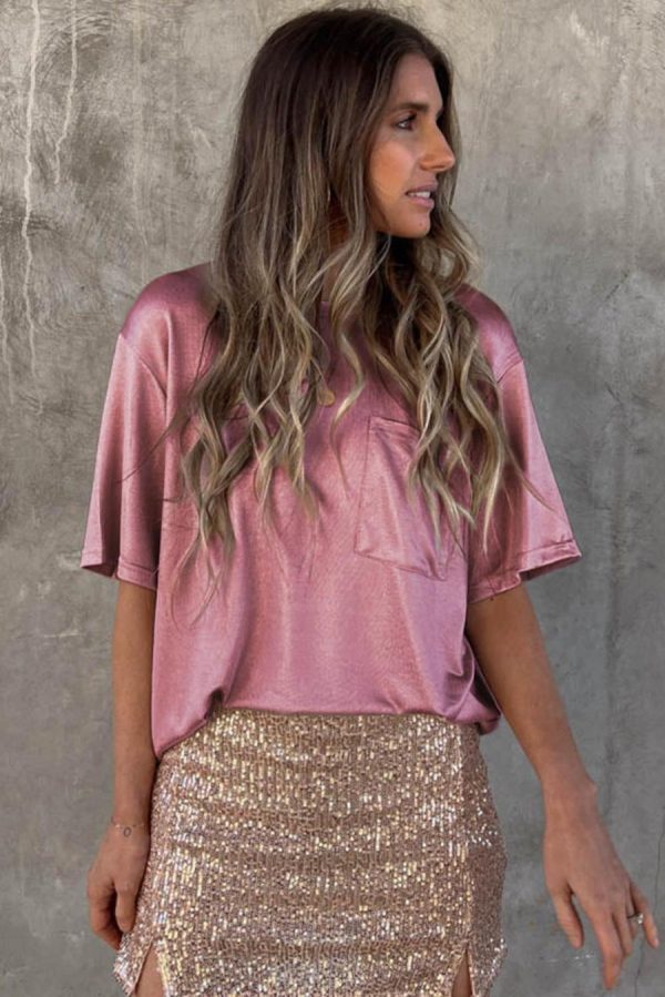 T Shirts | Pink Solid Chest Pocket Loose Fit T Shirt - Women