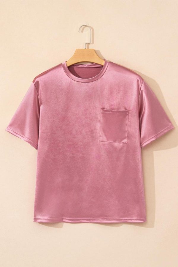 T Shirts | Pink Solid Chest Pocket Loose Fit T Shirt - Women - Image 2