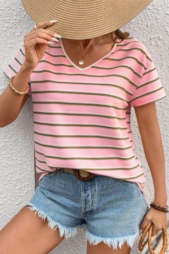 T Shirts | Pink Stripe V Neck Casual T-Shirt - Women