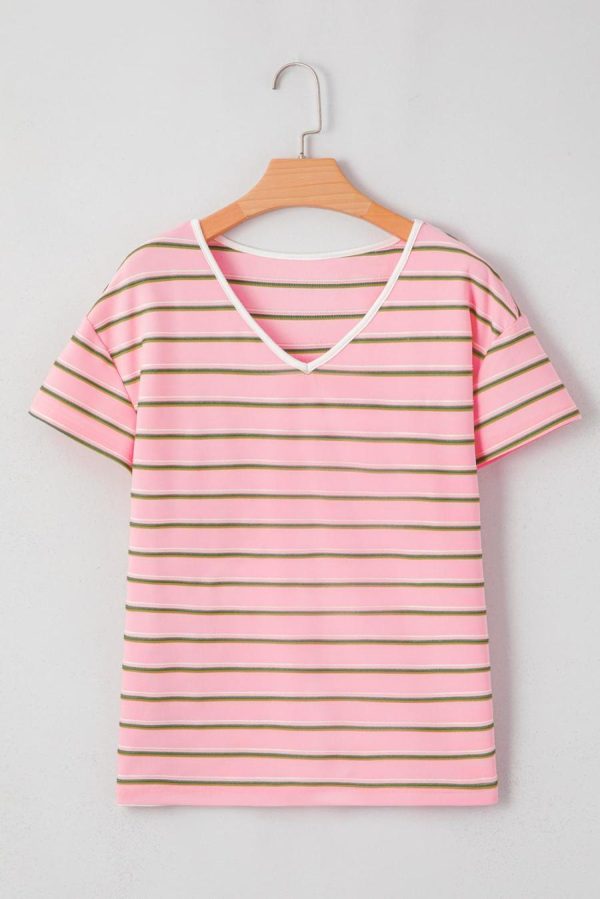 T Shirts | Pink Stripe V Neck Casual T-Shirt - Women - Image 4