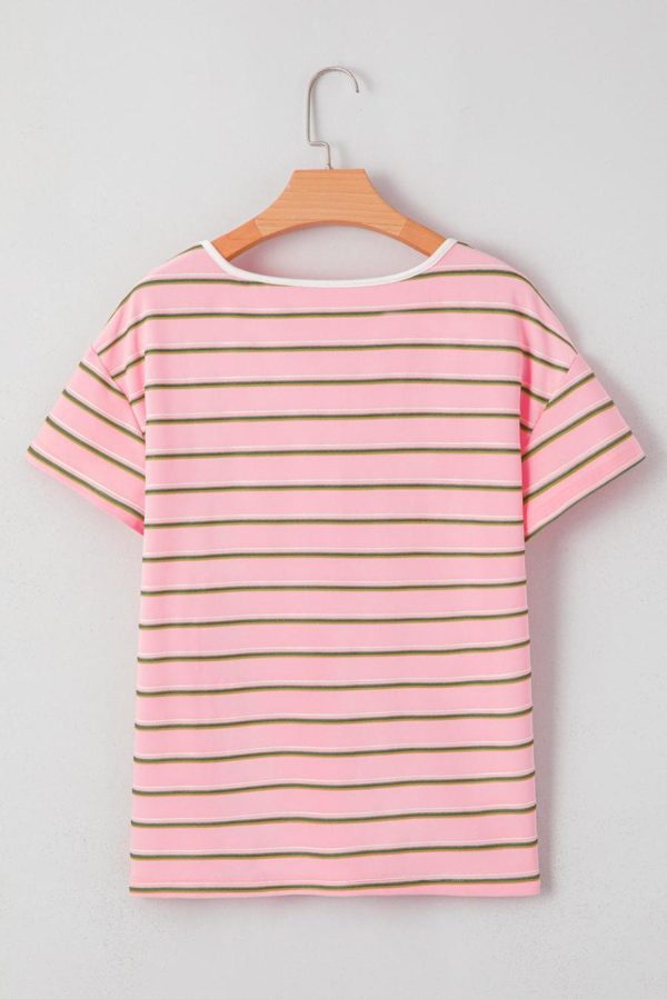T Shirts | Pink Stripe V Neck Casual T-Shirt - Women - Image 5