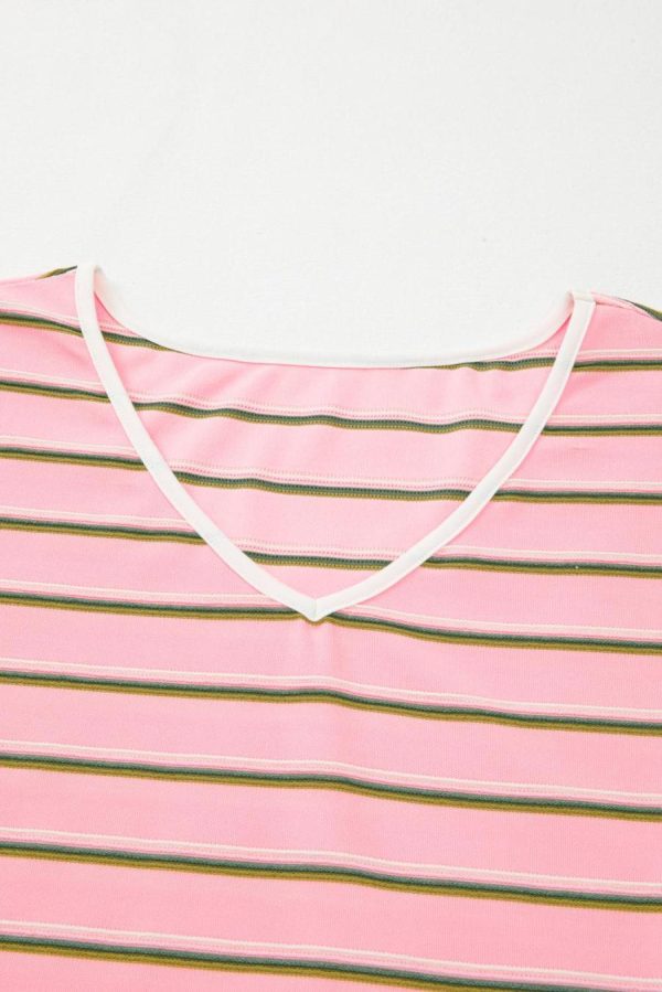T Shirts | Pink Stripe V Neck Casual T-Shirt - Women - Image 6
