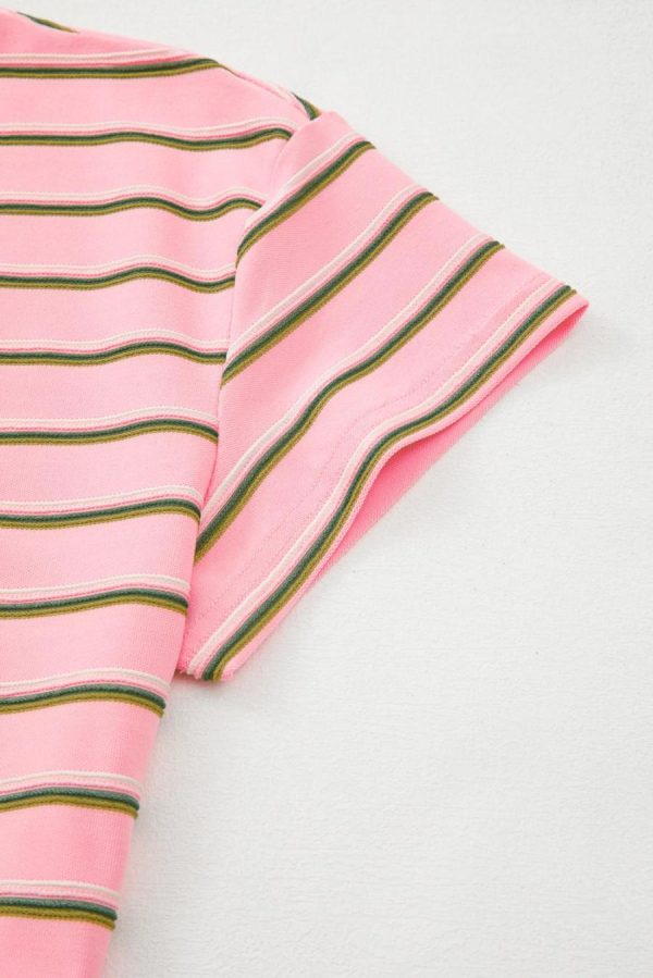 T Shirts | Pink Stripe V Neck Casual T-Shirt - Women - Image 7