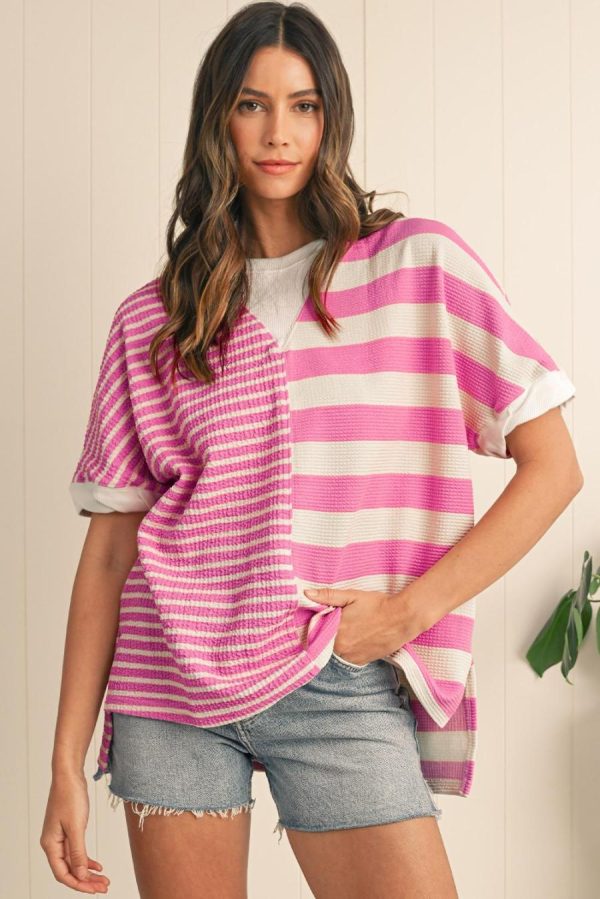 T Shirts | Pink Stripe Waffle Patchwork Short Sleeve High Low Loose T Shirt - Women
